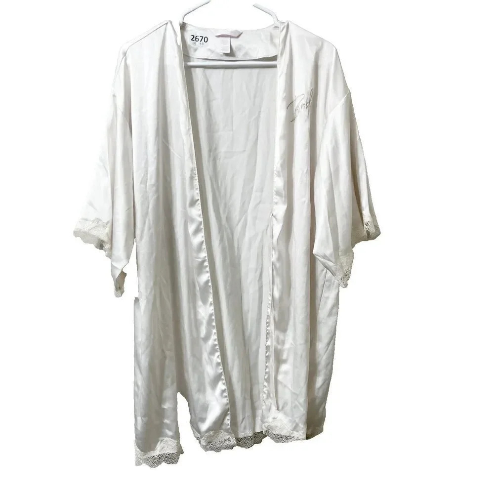 Victorias Secret Womens White Robe XS Here Comes The Bride Satin Lace 3/4 Sleeve